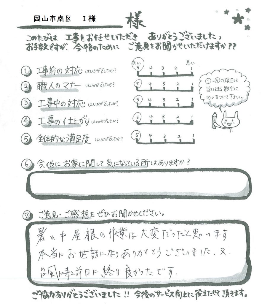 お客様の声　屋根工事Ｉ様